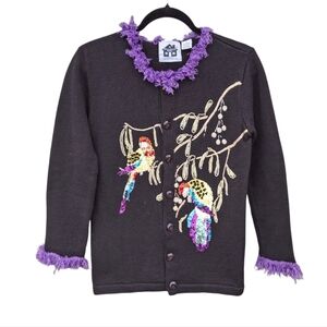 Storybook Knit Black Embellished Cardigan Sweater "Parrot Fancy"  Women Size XS